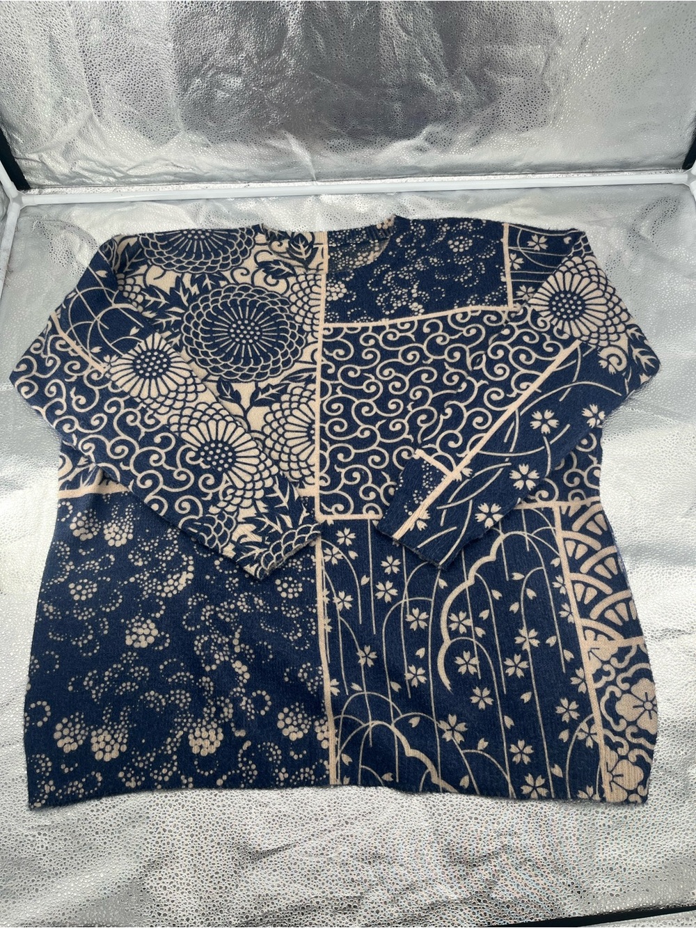 Oversized Knit Wool blend Sweater Patchwork Blue Floral Japanese Boho Grandma 2X
